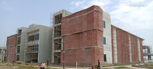 Academic block– Classroom Kota stone flooring work in progress. Classroom ceiling and Acoustic panel, HVAC ducting insulation, Roof tile and Steel railing installation work in progress