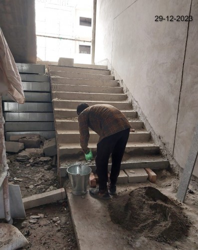 Hostel Block H7 (Internal)- Floor tile work in progress. Staircase Granite work in progress.  Plumbing work in progress.