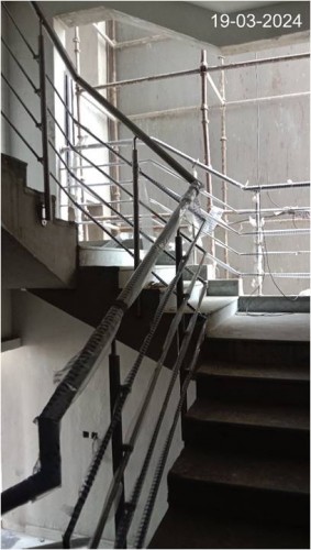 Hostel Block H5 (Internal)–Electrical wiring and testing work is in progress. Staircase railing installation work in progress